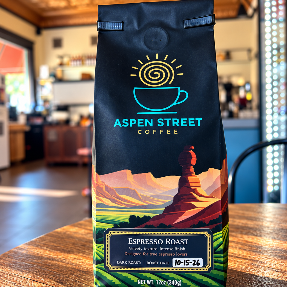 Aspen Street Coffee espresso roast bag displayed on a wooden café table, featuring colorful mountain artwork and a 12-ounce label.