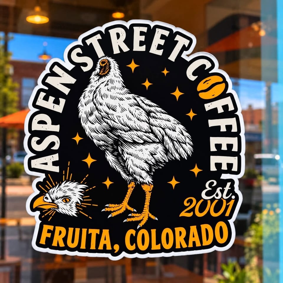 Restaurant window decal featuring a stylized chicken, stars, and the text “Aspen Street Coffee,” established 2001, Fruita, Colorado.