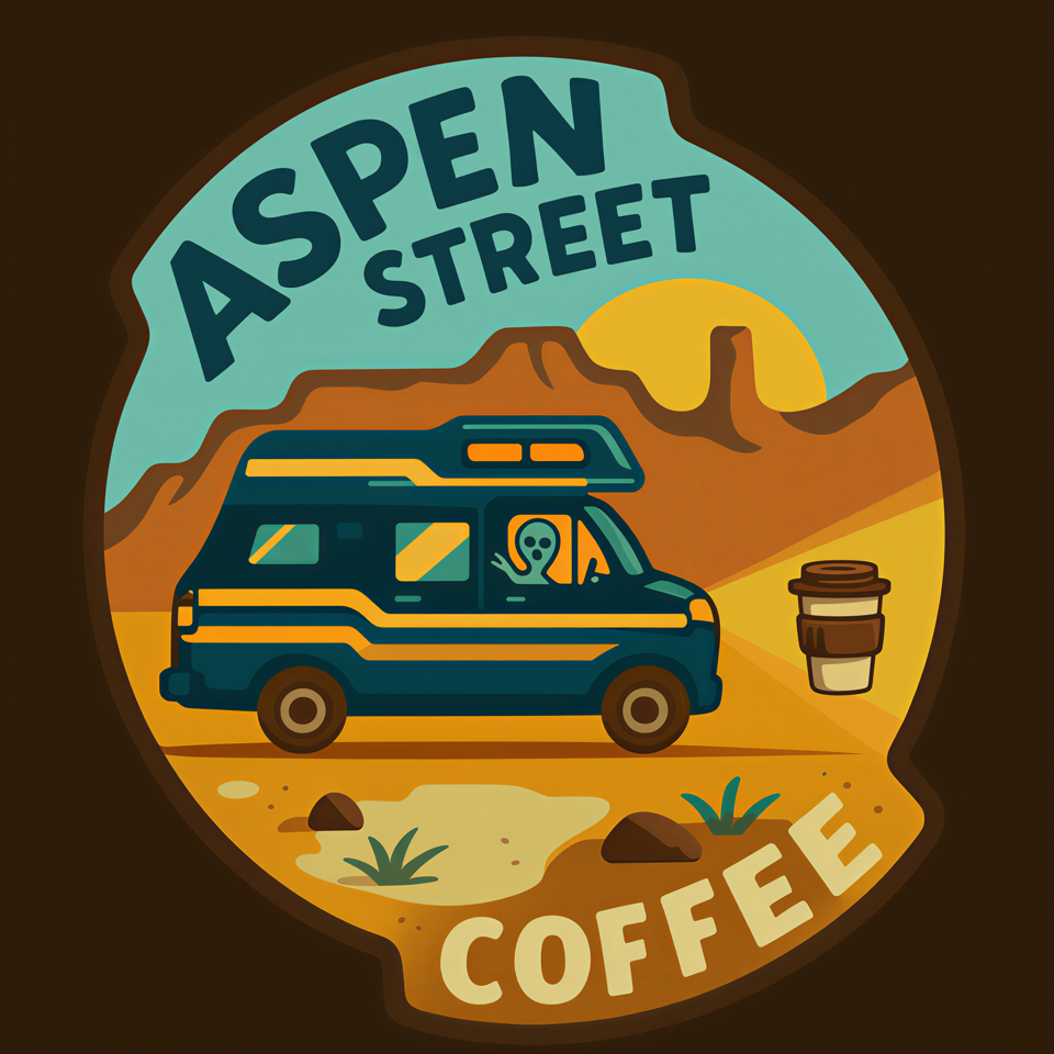 Illustrated coffee van beneath a sign reading “A SPEN STREET COFFEE,” with desert landscape and takeaway cup.